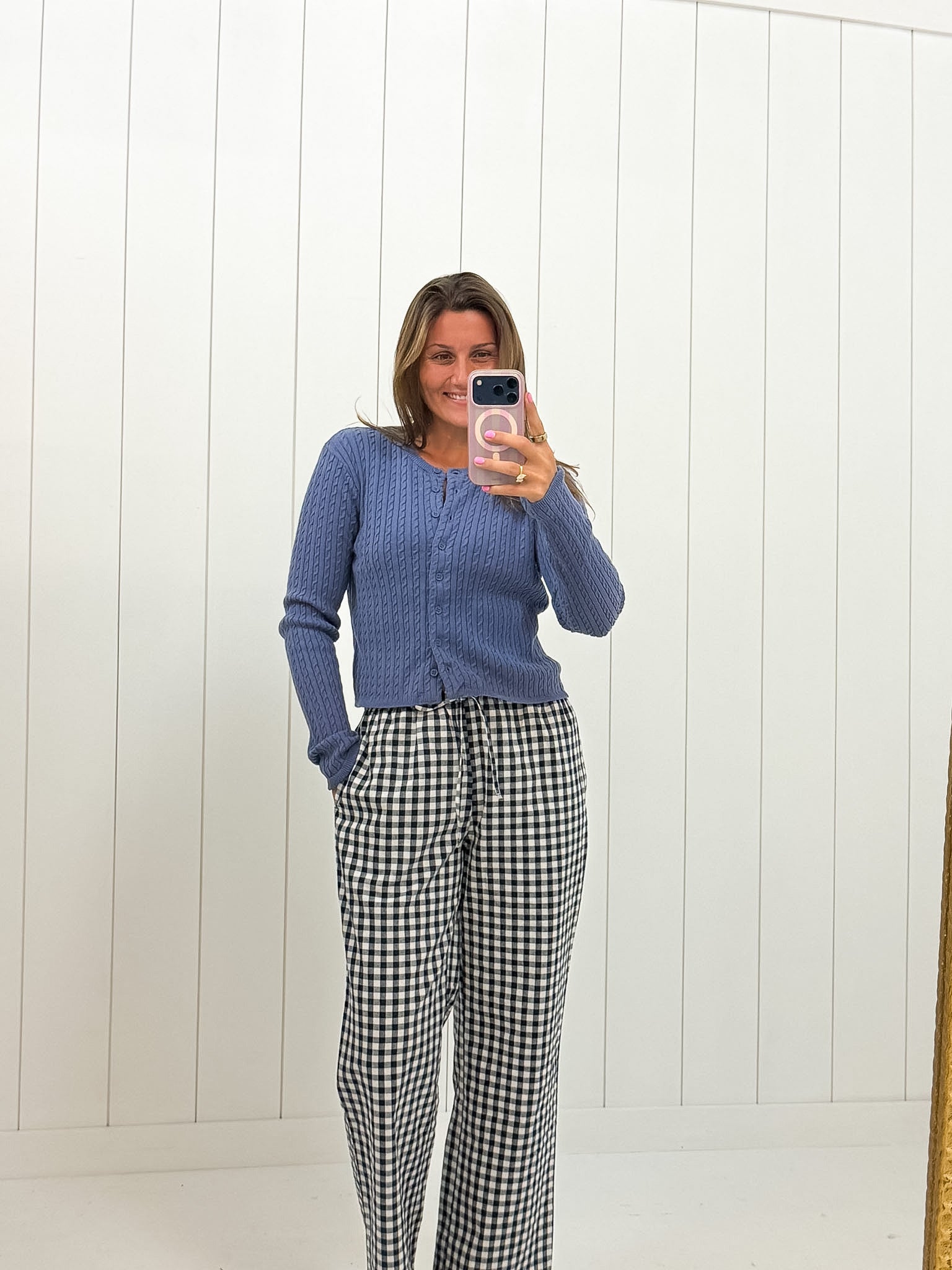 Blue Cable Knit Cardigan showing cable knit