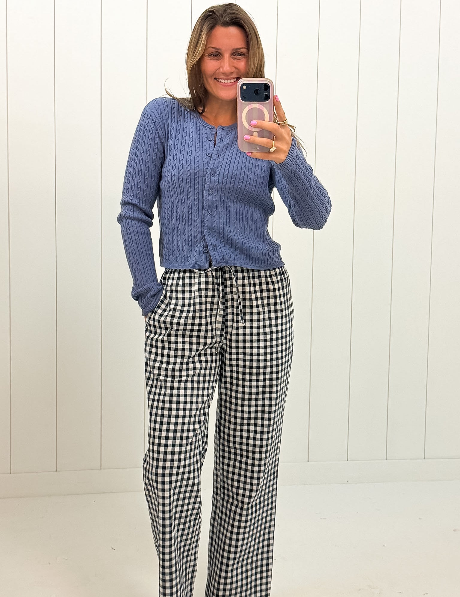 Navy Checkered Pants — checkered and drawstring