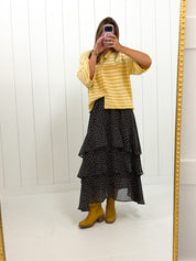Yellow Stripe Quarter Sleeve Cardigan — knit sweater and crew neck