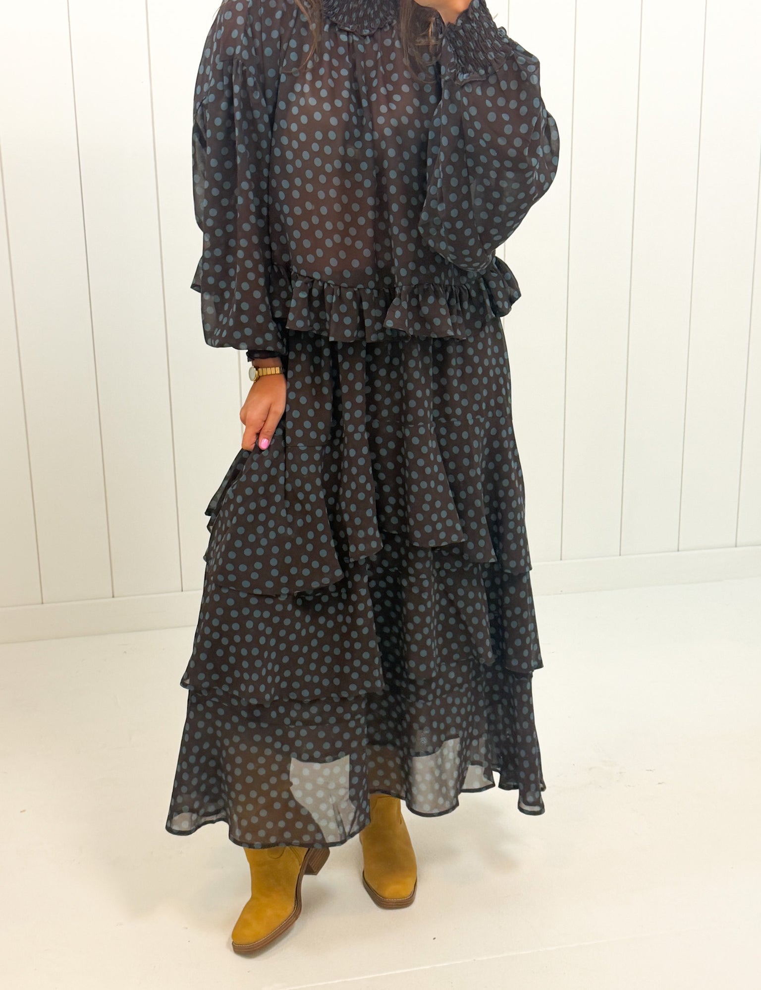 Brown & Blue Polka Dot Skirt Set showing color: brown with a blue polka dot print