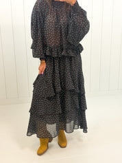 Brown & Blue Polka Dot Skirt Set showing color: brown with a blue polka dot print