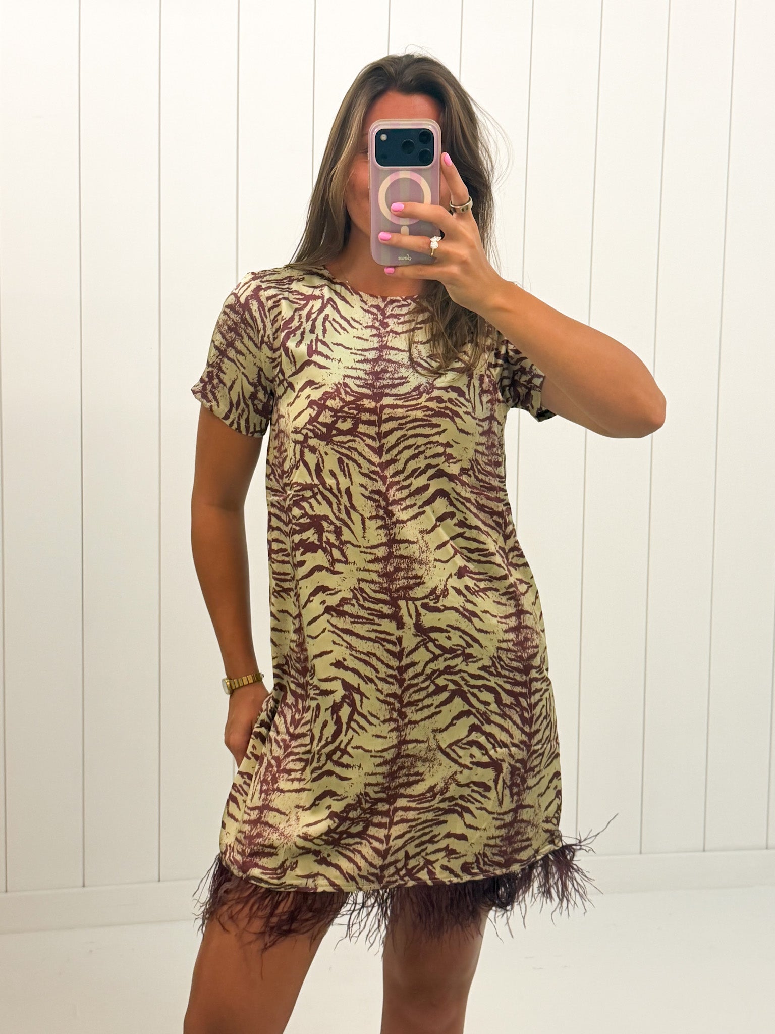 Red Feather Trim Printed Shift Dress — feather trim hem and zipper in the back