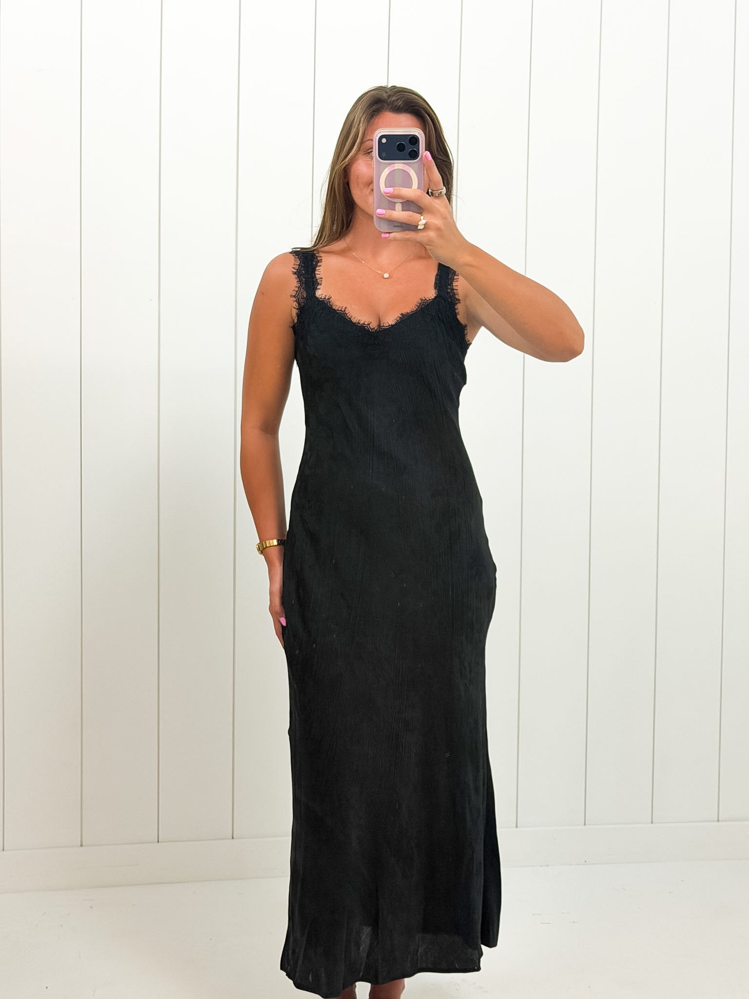 Black Satin Jacquard Lace Midi Dress — lace details and midi length