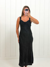 Black Satin Jacquard Lace Midi Dress — lace details and midi length