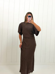 Brown Ruched Waist Dress — maxi and fitted waist