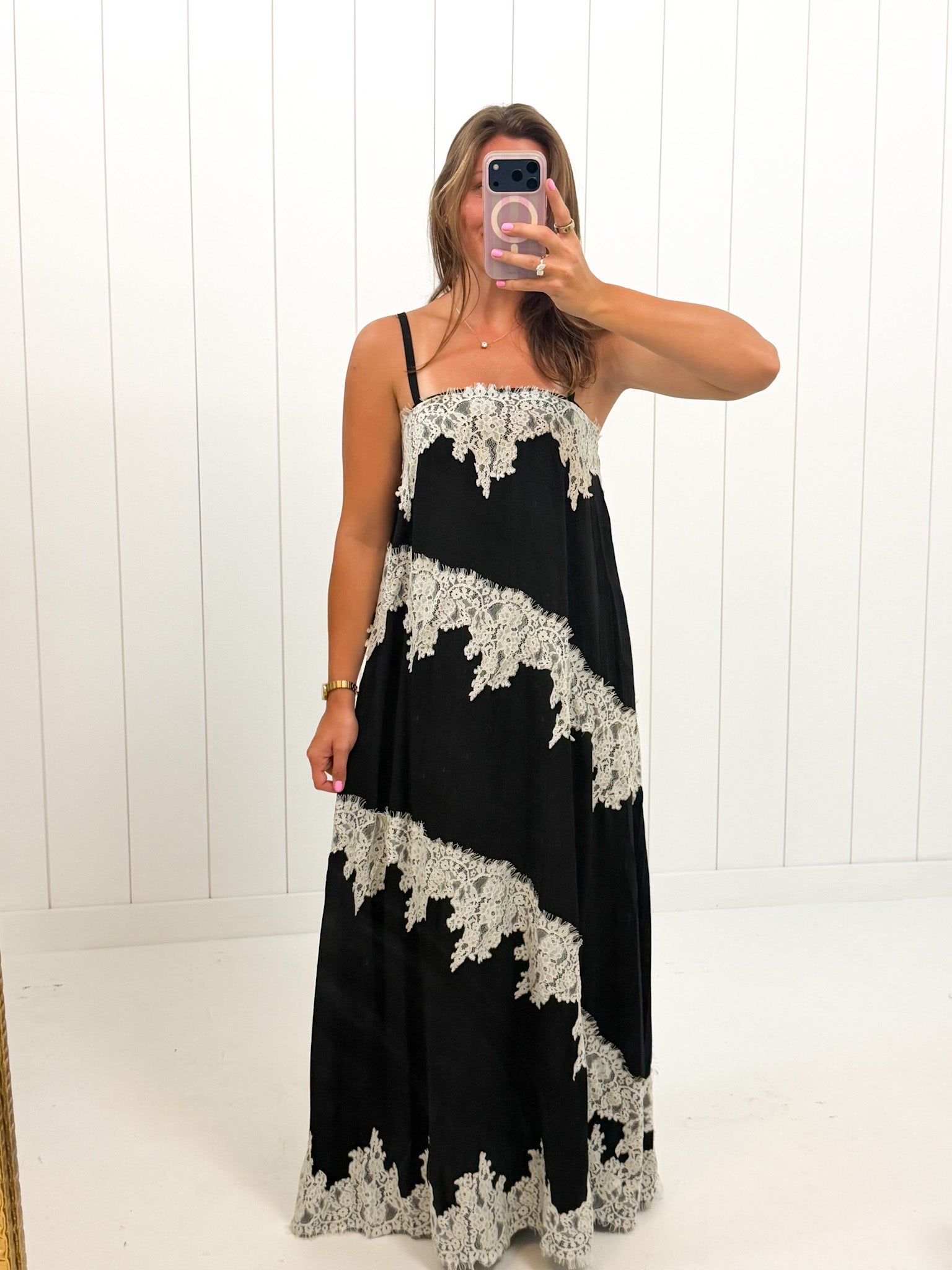 Black Contrast Lace Trim Maxi Dress — spaghetti strap and lace trim