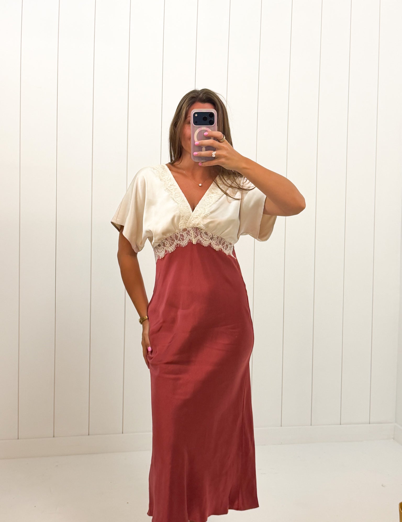 Satin Short Sleeve Maxi Dress — v-neck and short sleeve