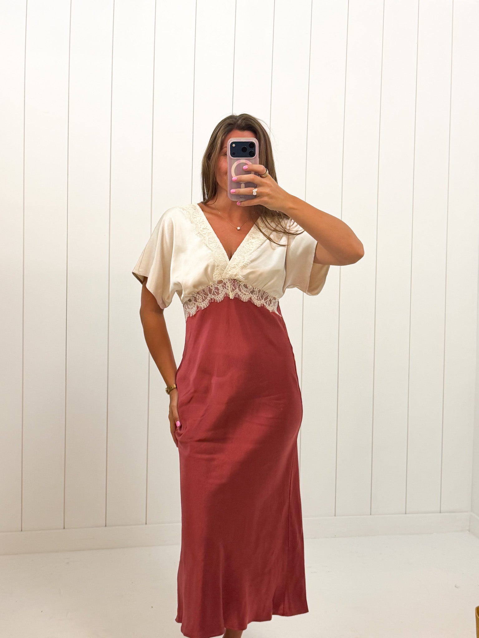 Satin Short Sleeve Maxi Dress — v-neck and short sleeve