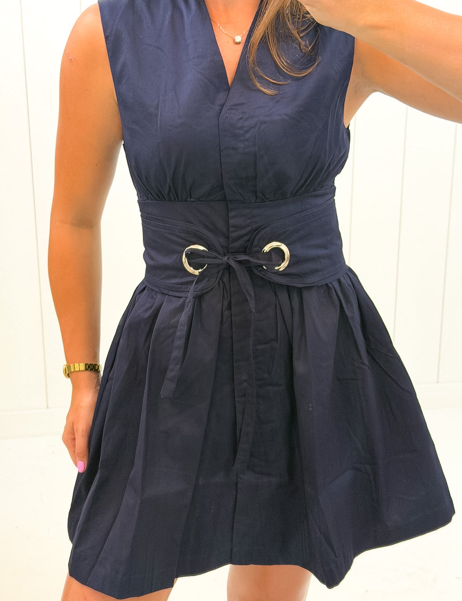 Navy Fit & Flare Belt Mini Dress showing v-neck