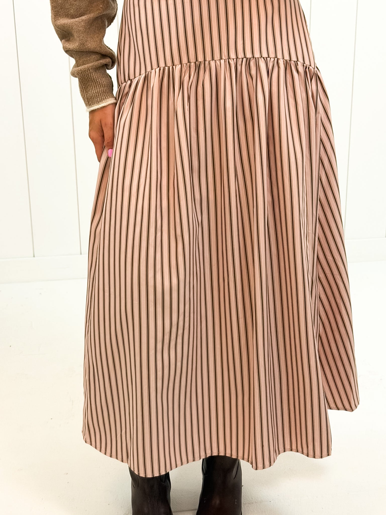 Pink & Brown Striped Maxi Skirt showing color: light pink and brown stripe
