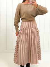 Pink & Brown Striped Maxi Skirt — color: light pink and brown stripe and striped pattern