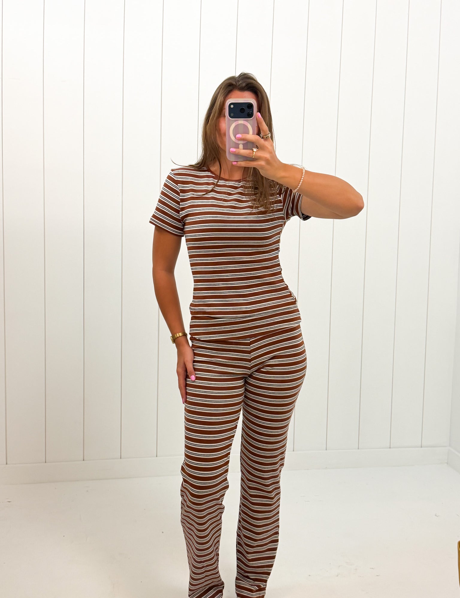 Brown Striped Crop Top and Pants Set — stripes and crop top