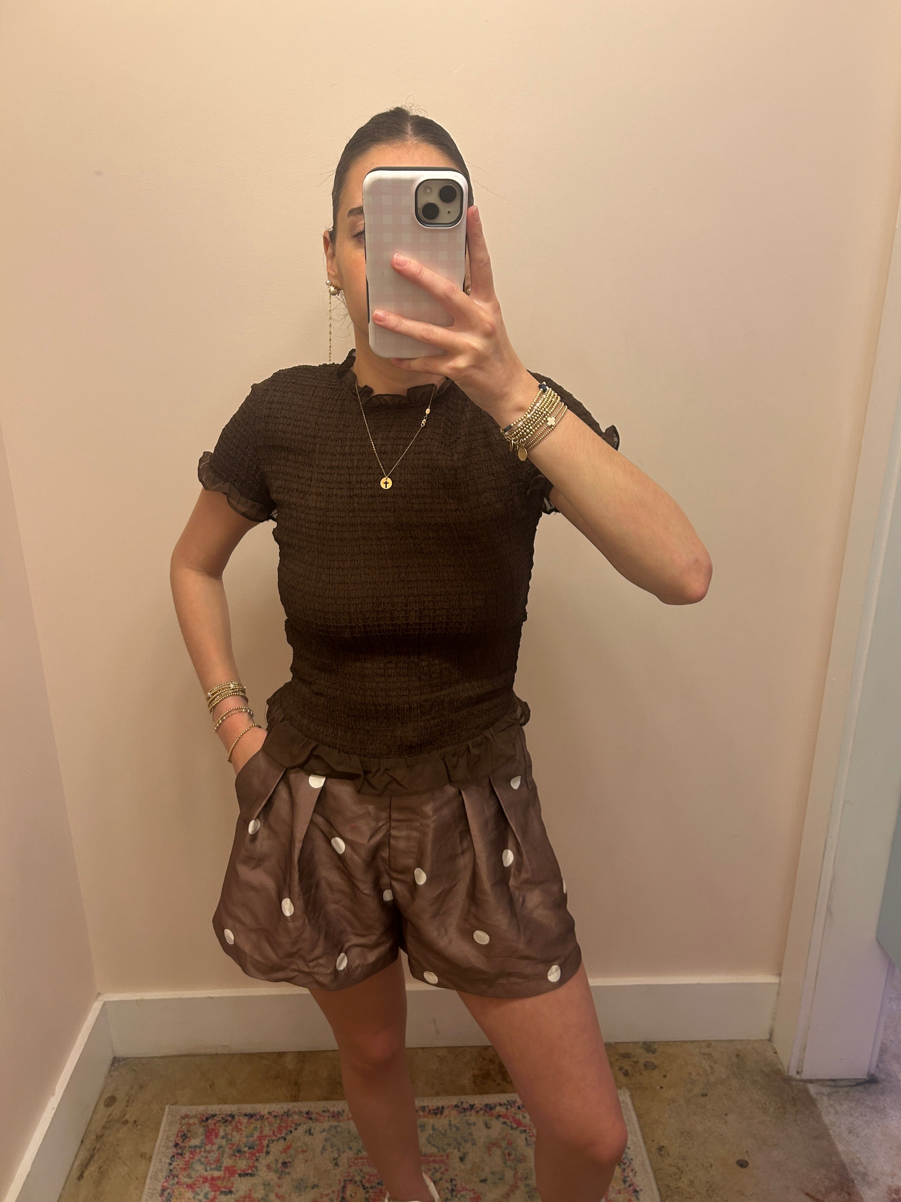 Brown Smocked Ruffle Top