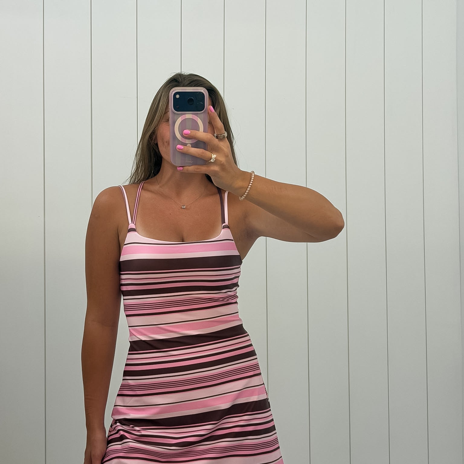 Pink Stripe Athleisure Dress — color: pink, brown and cream stripe and scoop neckline