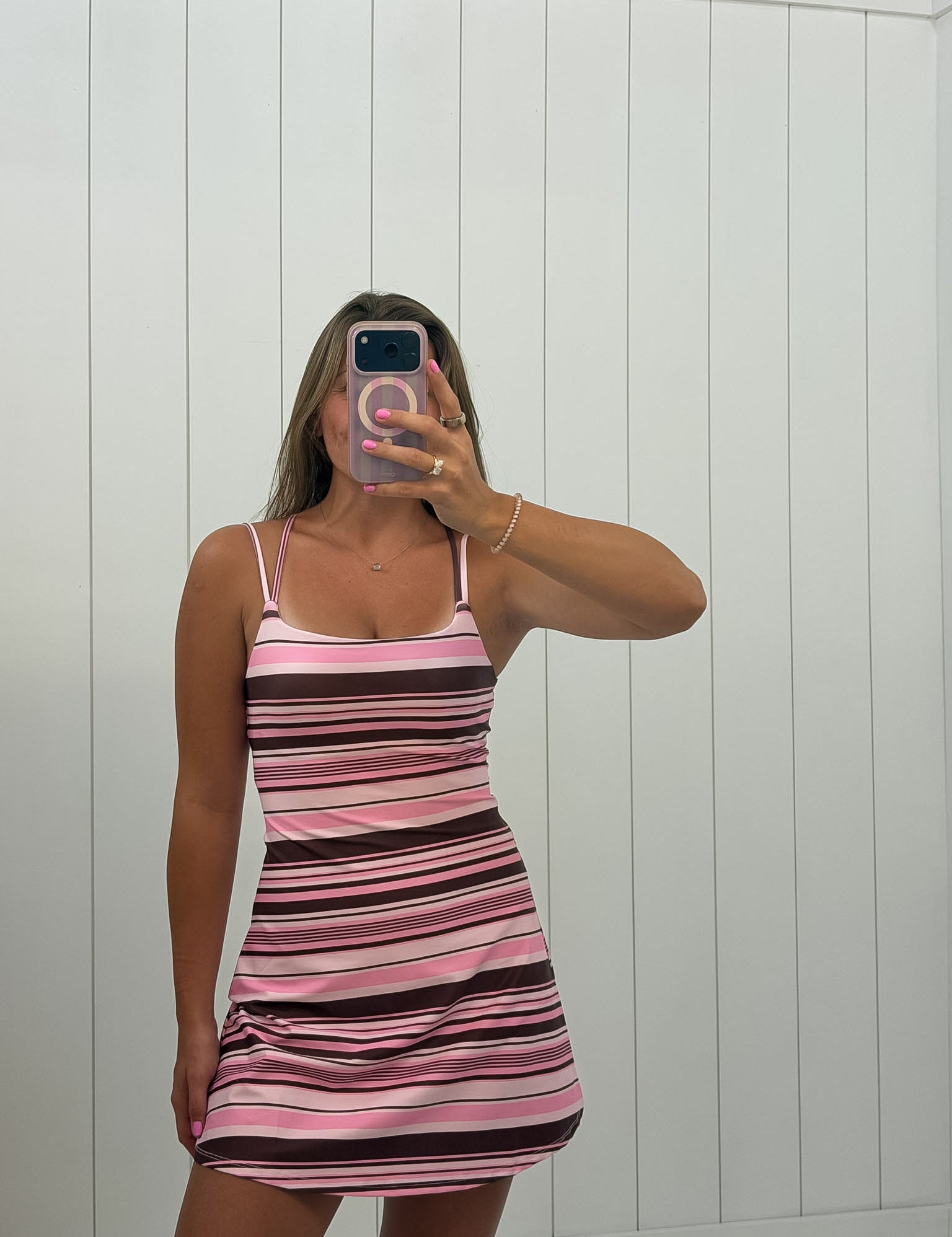 Pink Stripe Athleisure Dress — color: pink, brown and cream stripe and scoop neckline