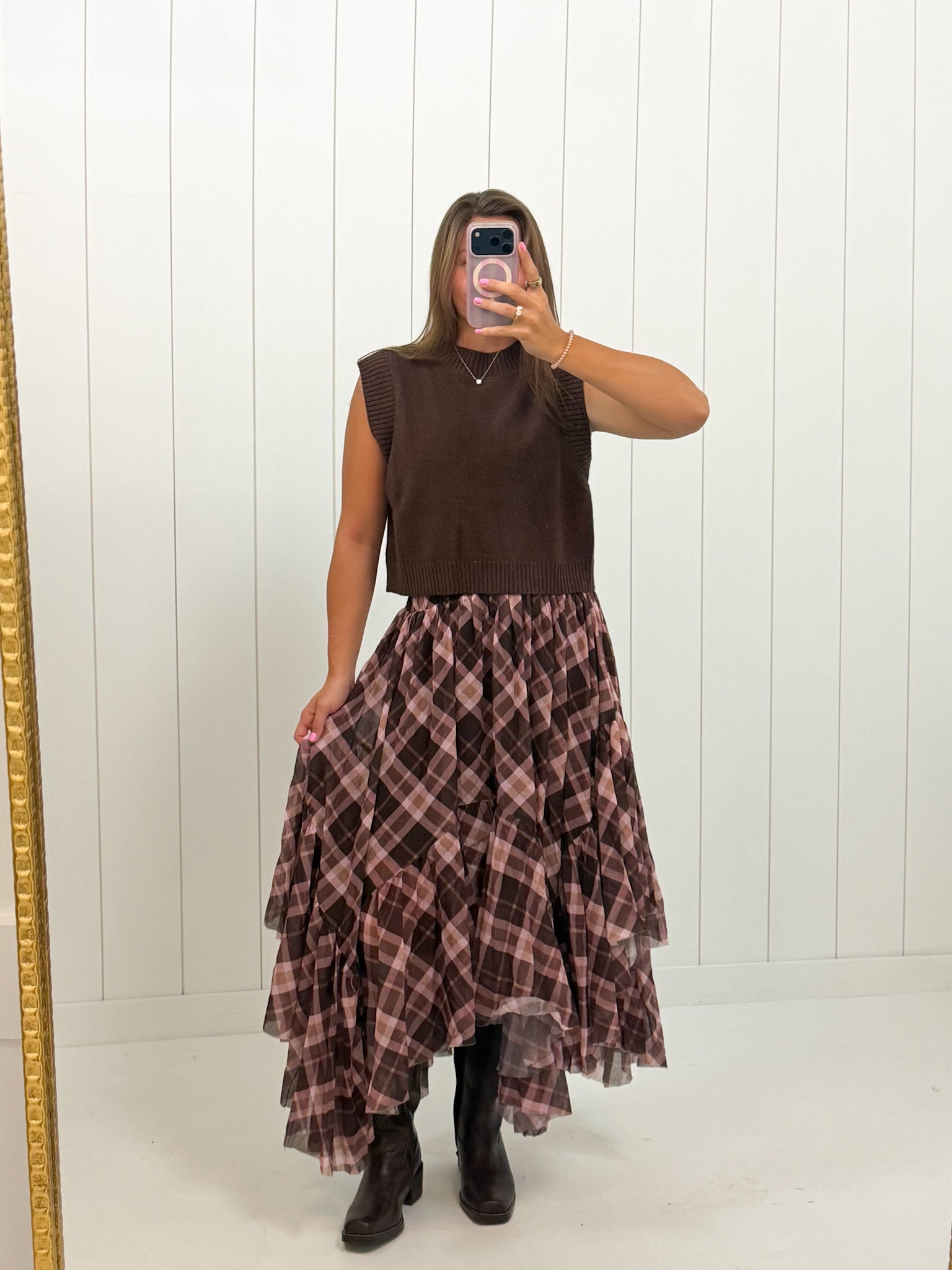 Brown Plaid Asymmetrical Tiered Skirt showing elastic waistband