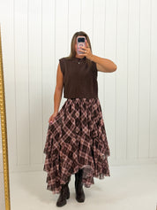 Brown Plaid Asymmetrical Tiered Skirt showing elastic waistband