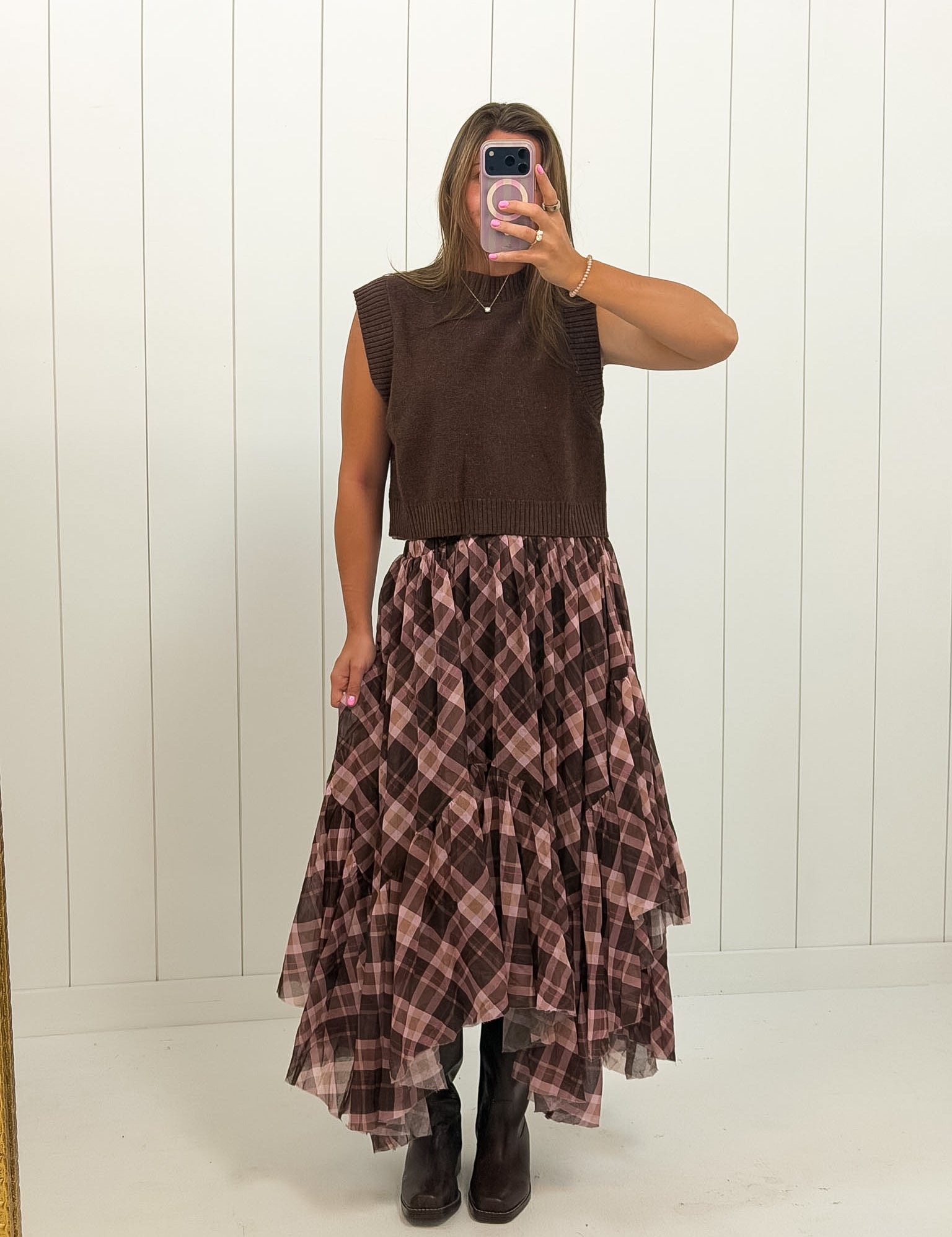 Brown Plaid Asymmetrical Tiered Skirt showing brown & pink plaid!