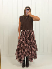 Brown Plaid Asymmetrical Tiered Skirt showing brown & pink plaid!
