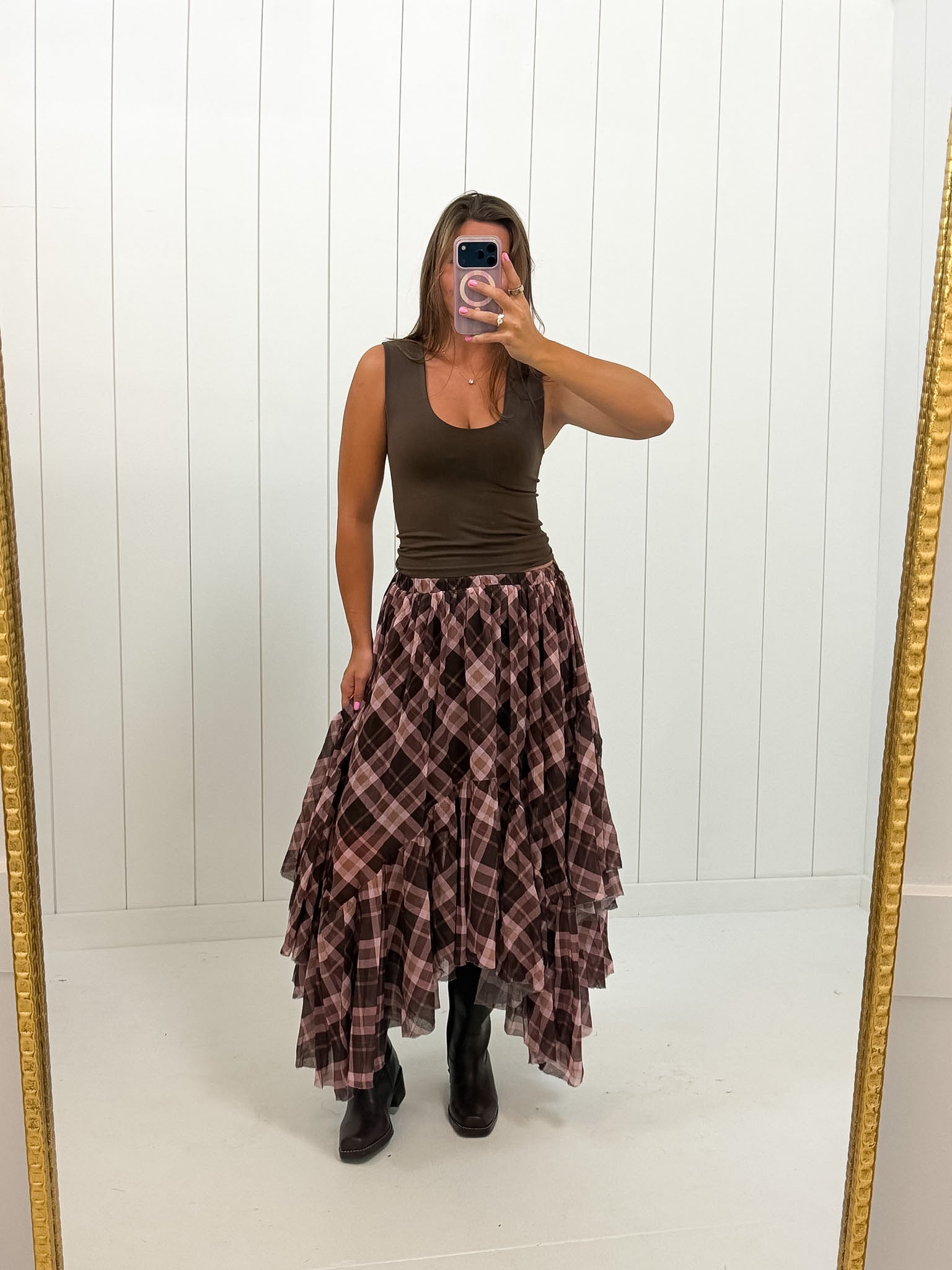 Brown Plaid Asymmetrical Tiered Skirt — brown & pink plaid! and elastic waistband