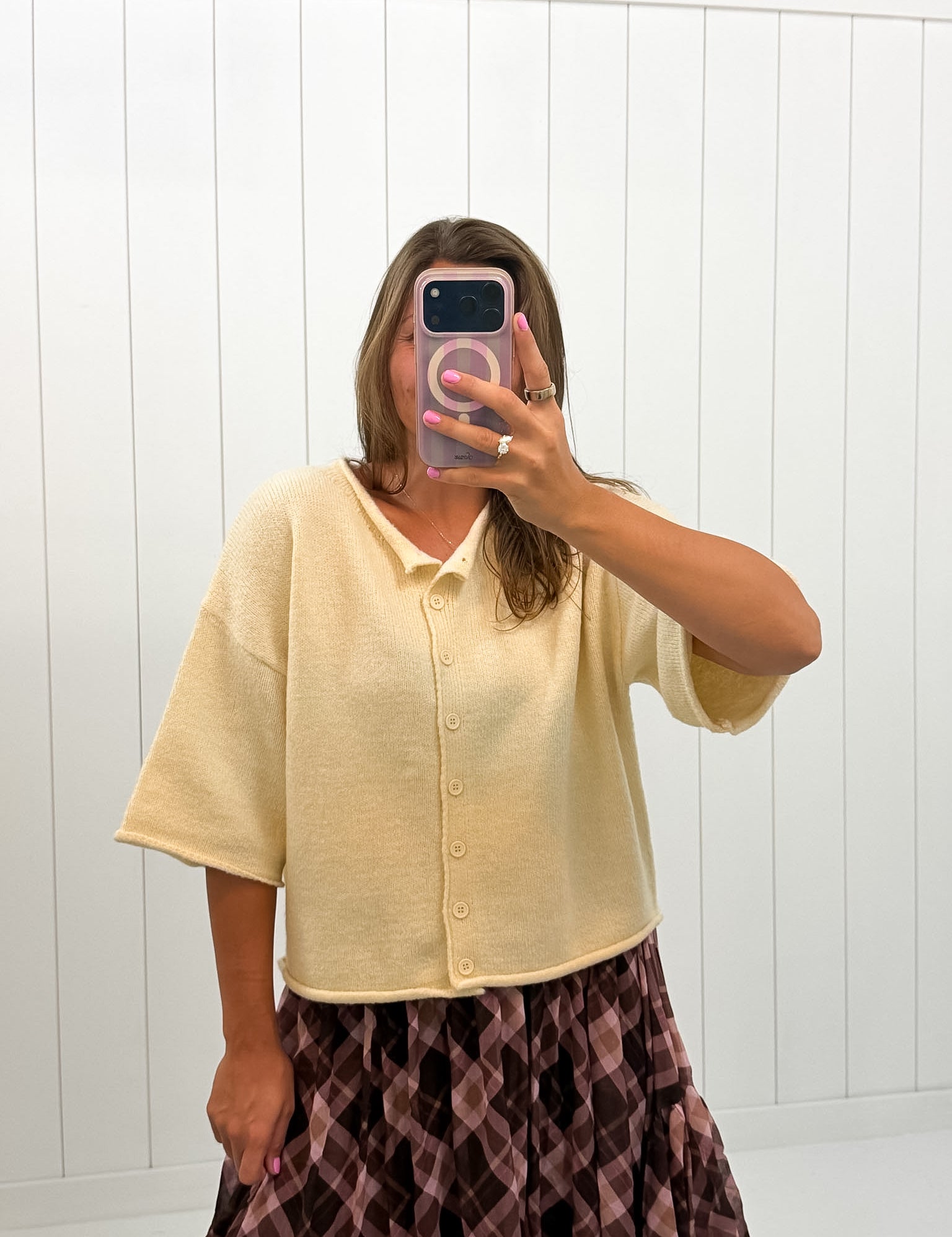 Pale Yellow Quarter Sleeve Cardigan — knit sweater and crew neck