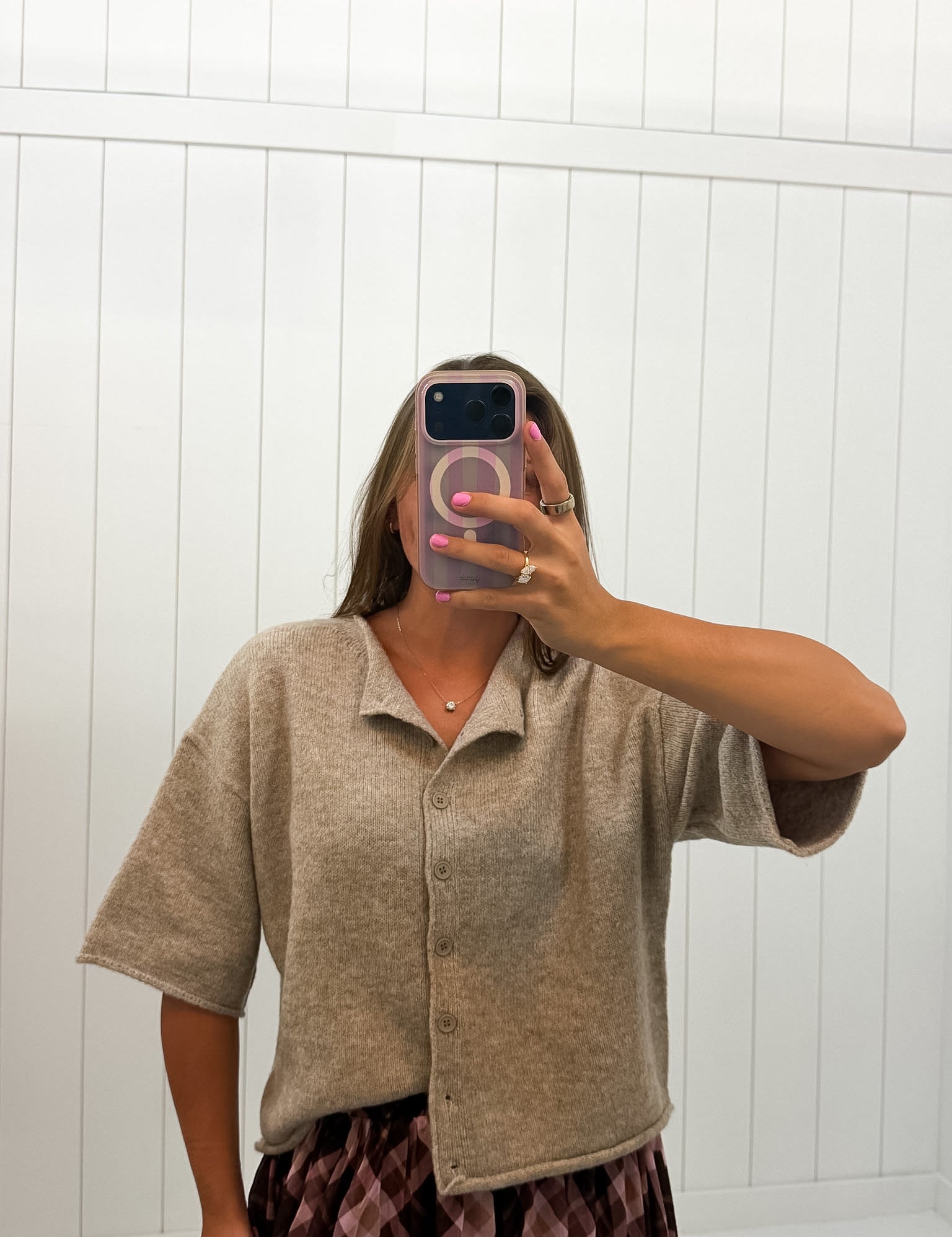 Light Brown Button Up Cardigan Top — quarter sleeves and knit sweater