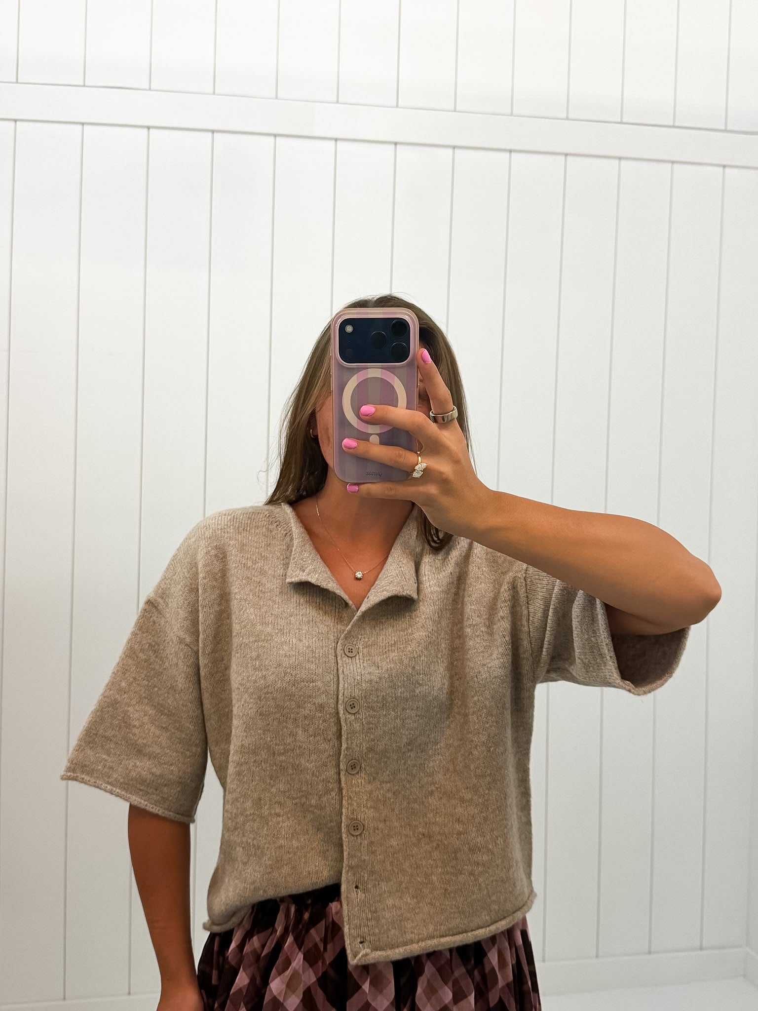 Light Brown Button Up Cardigan Top — quarter sleeves and knit sweater