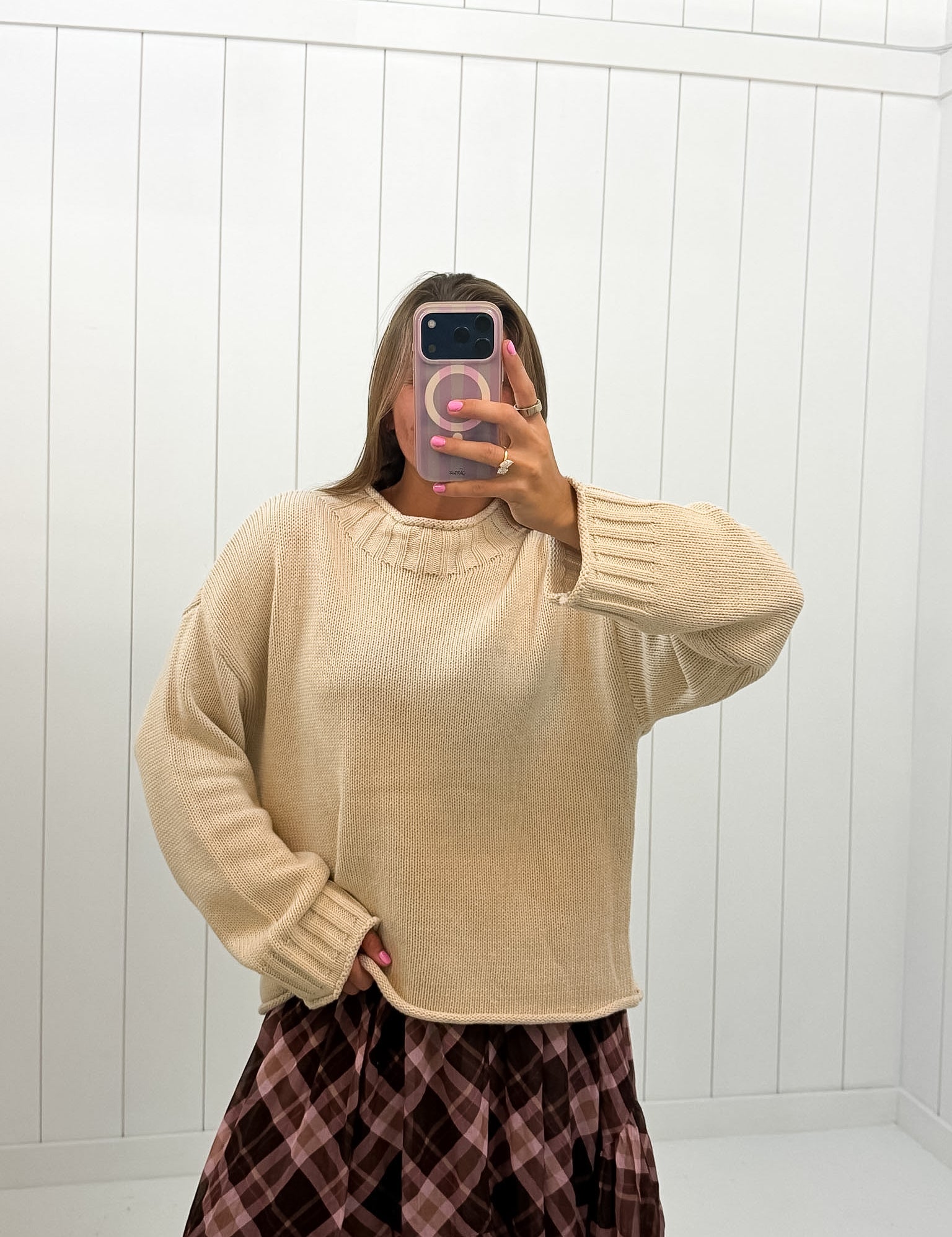 Tan Mockneck Knit Sweater showing knit sweater