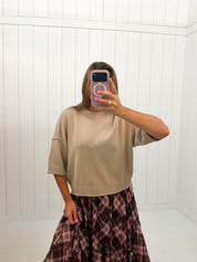 Taupe Drop Shoulder Short Sleeve Pullover — drop shoulder and short sleeve