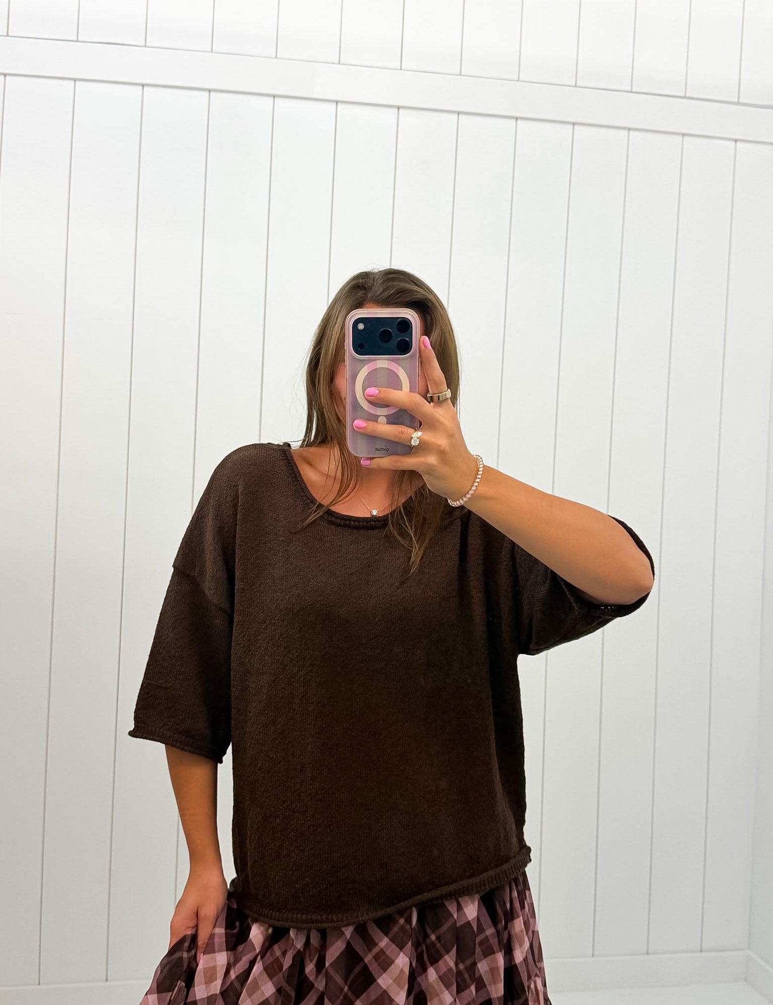 Brown Boxy Knit Sweater — short sleeve and raw edge