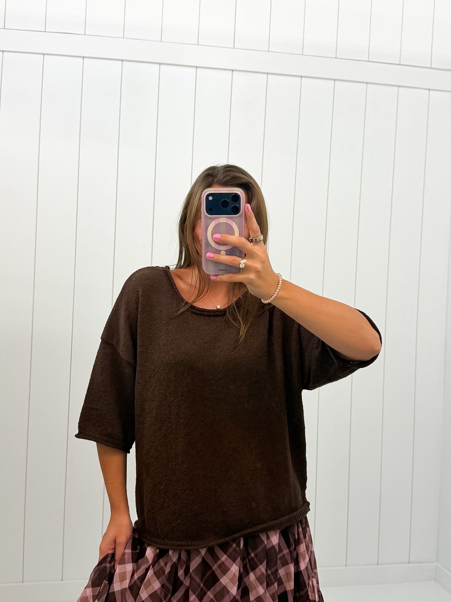 Brown Boxy Knit Sweater — short sleeve and raw edge