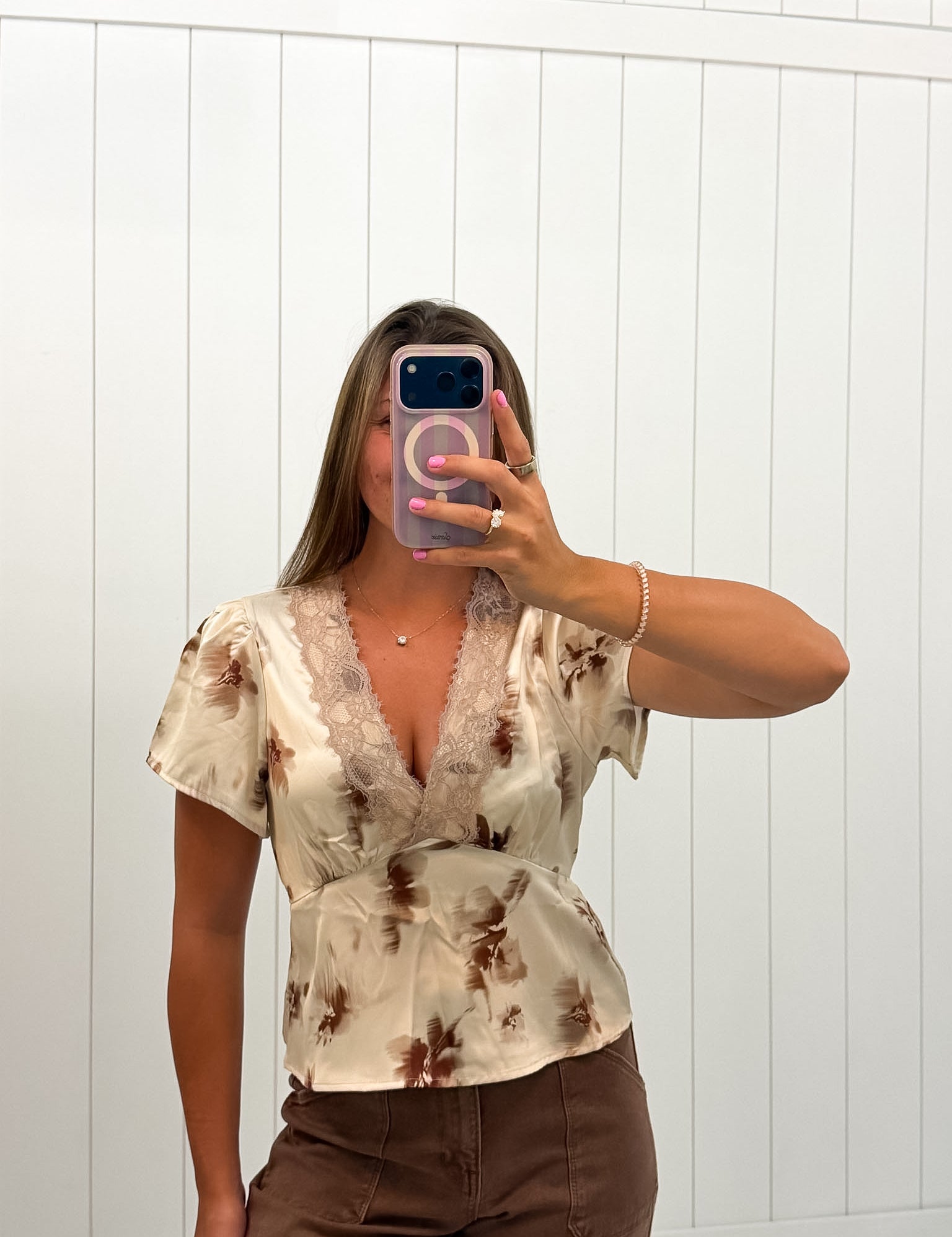 Floral Satin Lace Top showing color: cream with a rust floral print