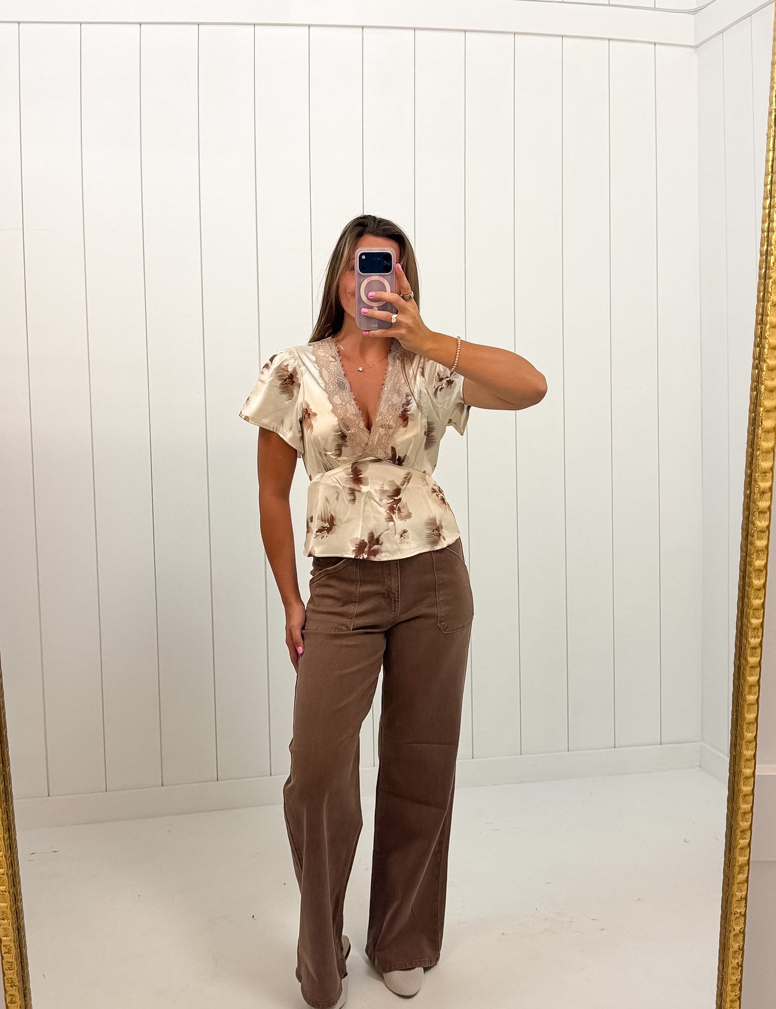 Floral Satin Lace Top — color: cream with a rust floral print and deep v-neckline