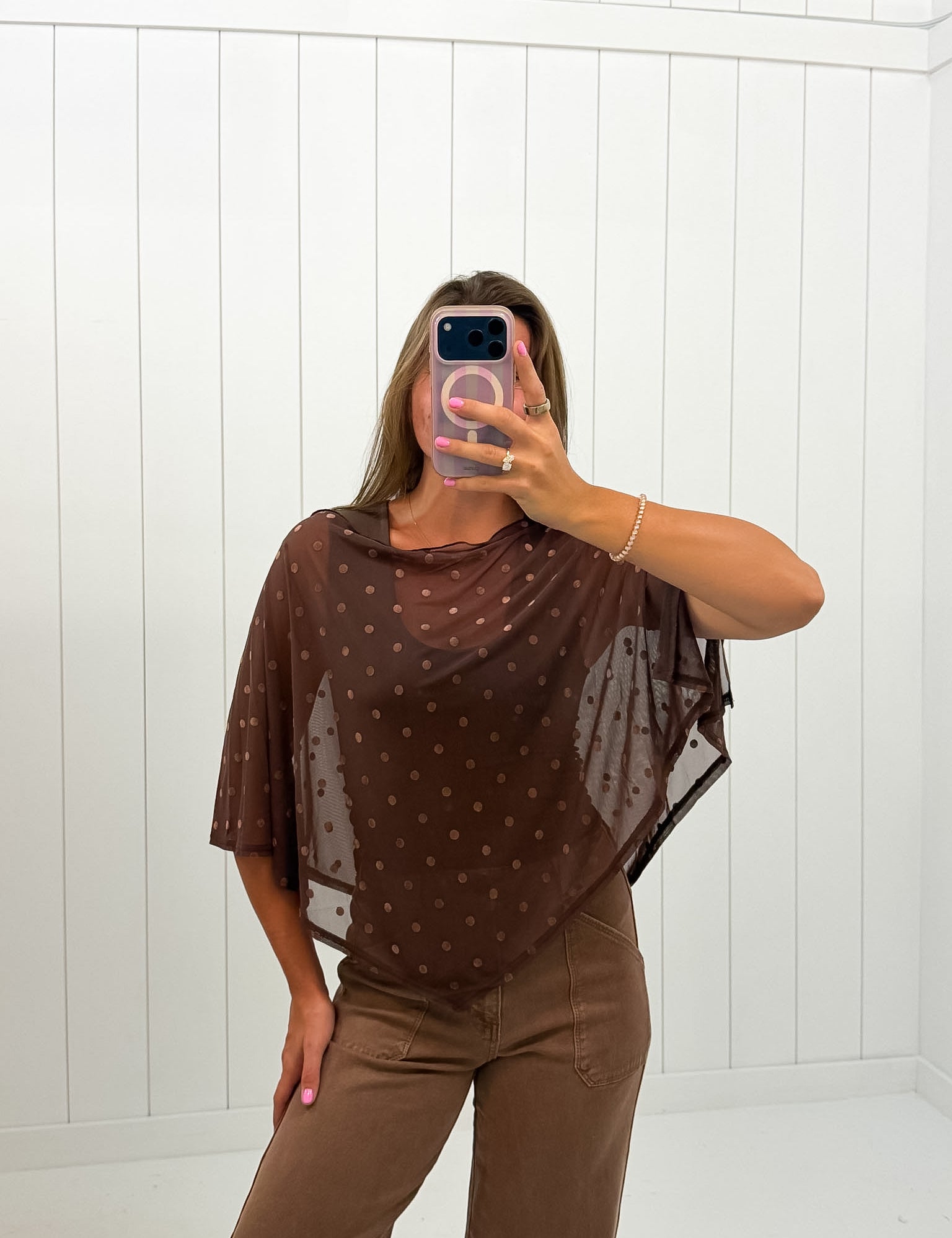 Brown Polka Dot Poncho Top — color: brown and boat neckline