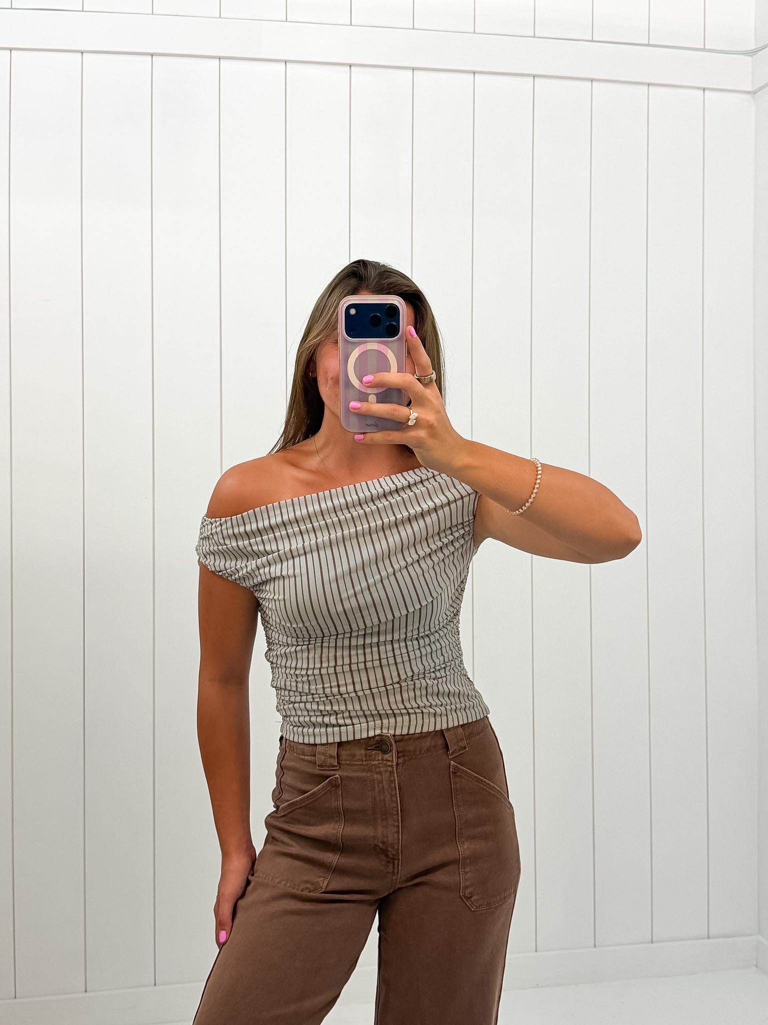 Gray Stripe Ruched Top — ruched detail and knit