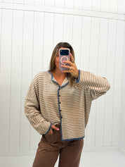 Light Brown Striped Long Sleeve Cardigan showing stripe