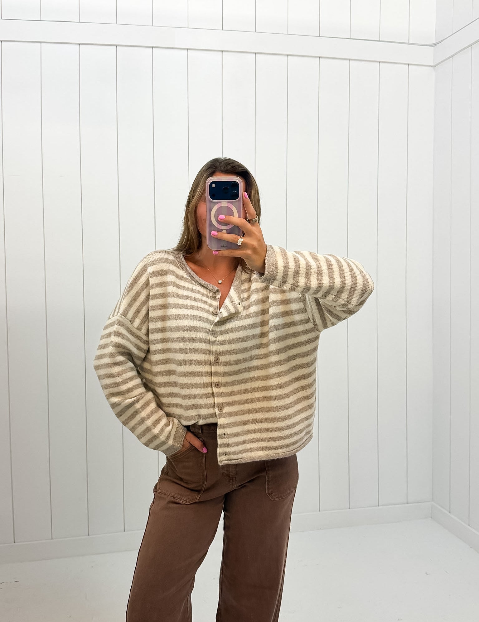 Gray Striped Cardigan — knit polyester and crew neck