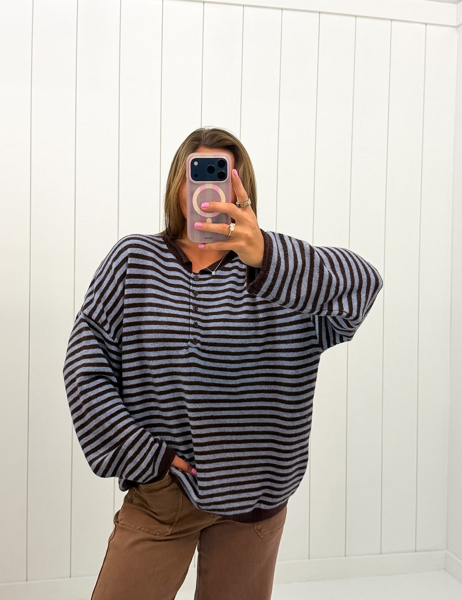 Brown Striped Drop Shoulder Pullover — quarter button down and long sleeve