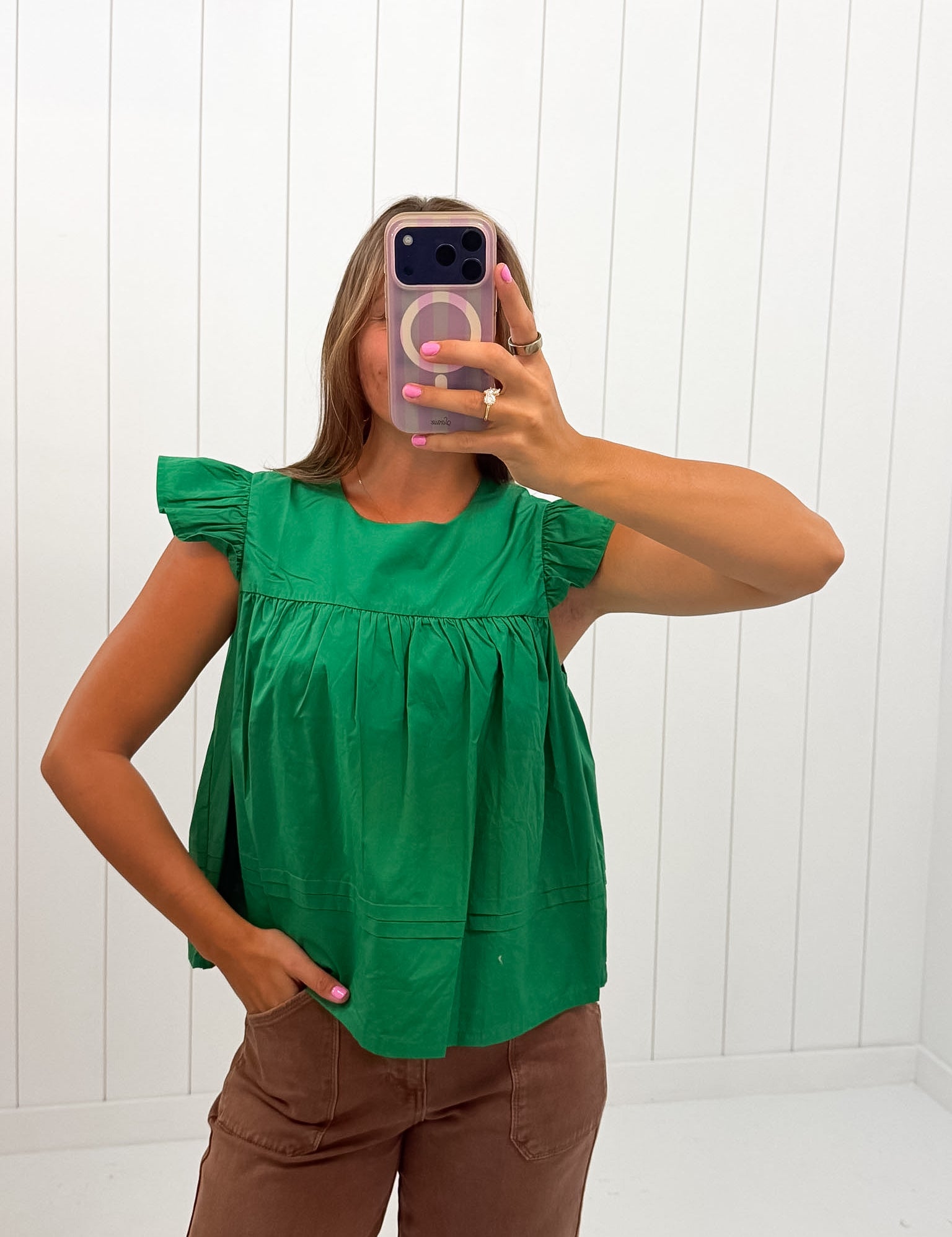 Green Ruffle Sleeve Babydoll Top showing ruffle sleeves