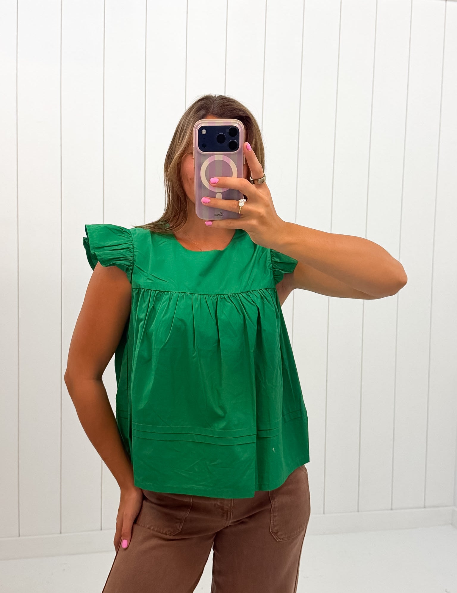 Green Ruffle Sleeve Babydoll Top — ruffle sleeves and babydoll silhouette