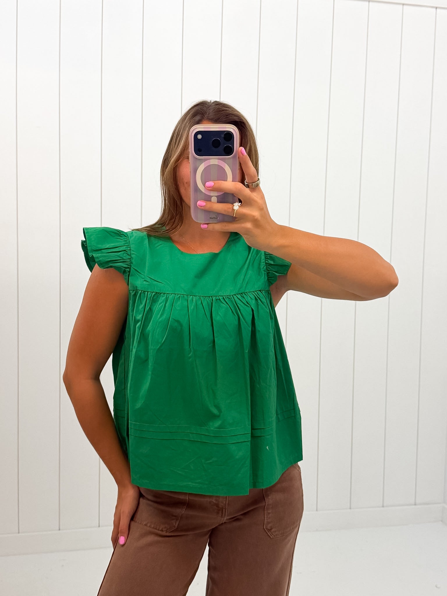 Green Ruffle Sleeve Babydoll Top — ruffle sleeves and babydoll silhouette