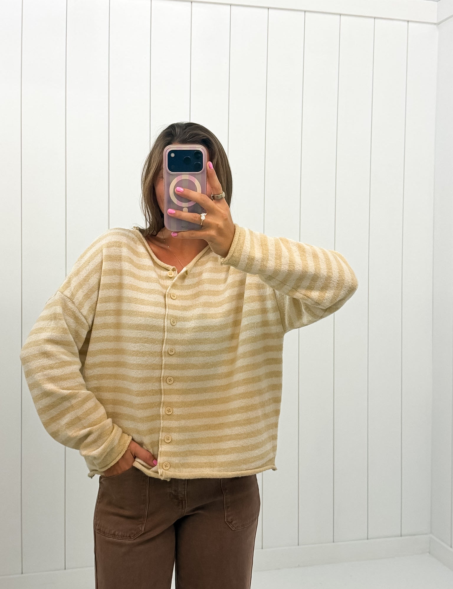 Yellow Striped Cardigan — knit polyester and crew neck