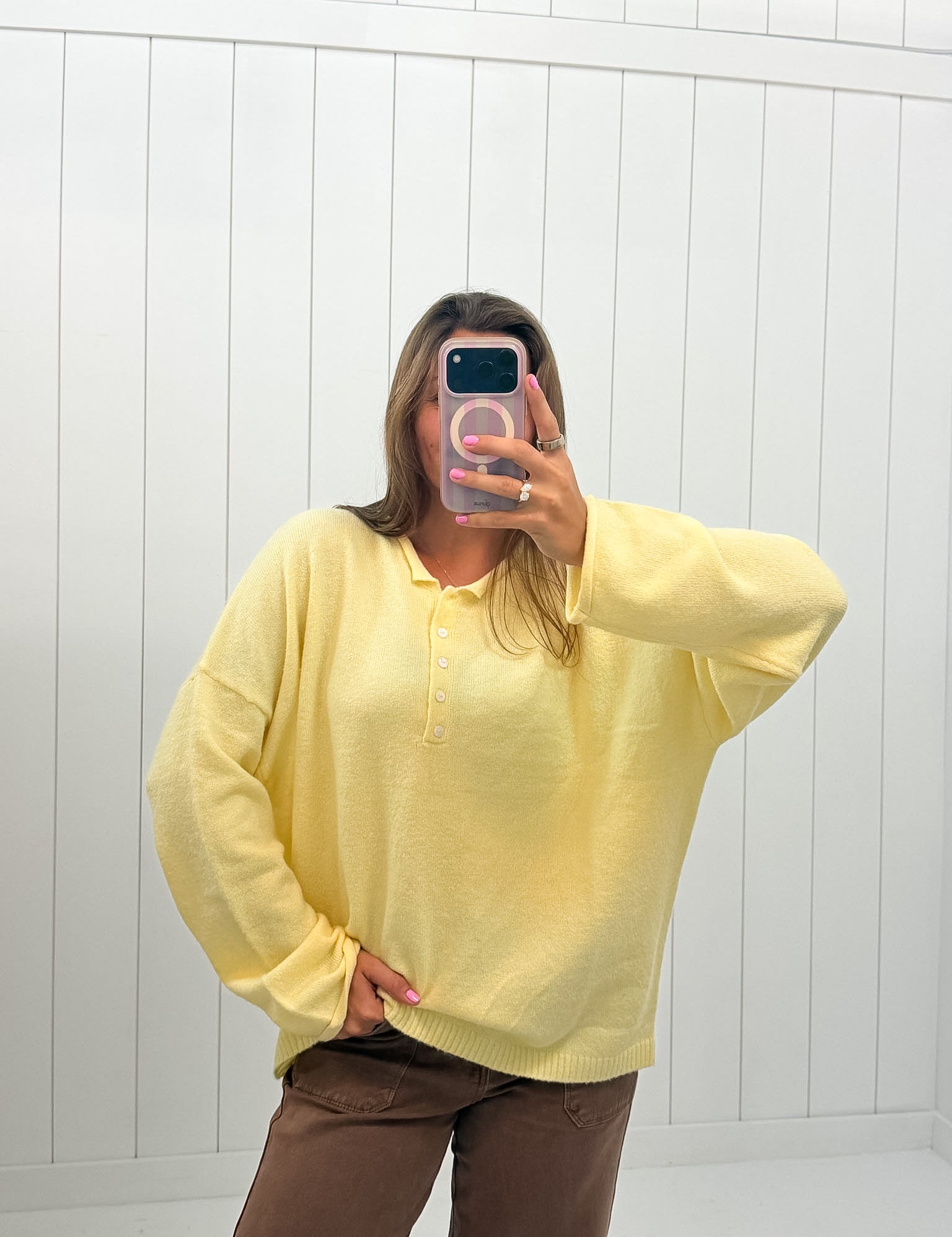 Yellow Drop Shoulder Pullover — quarter button down and long sleeve