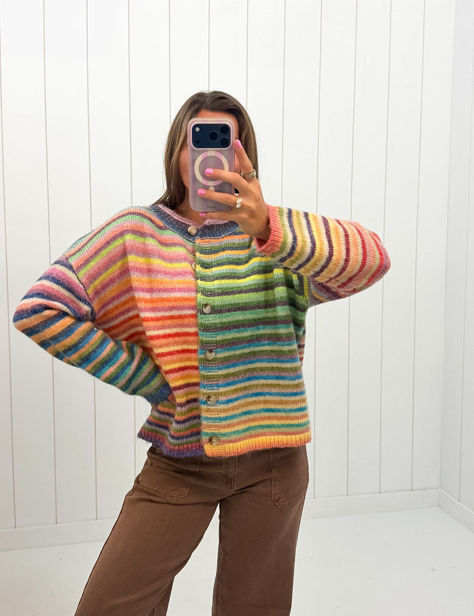 Multi Color Button Up Cardigan showing striped