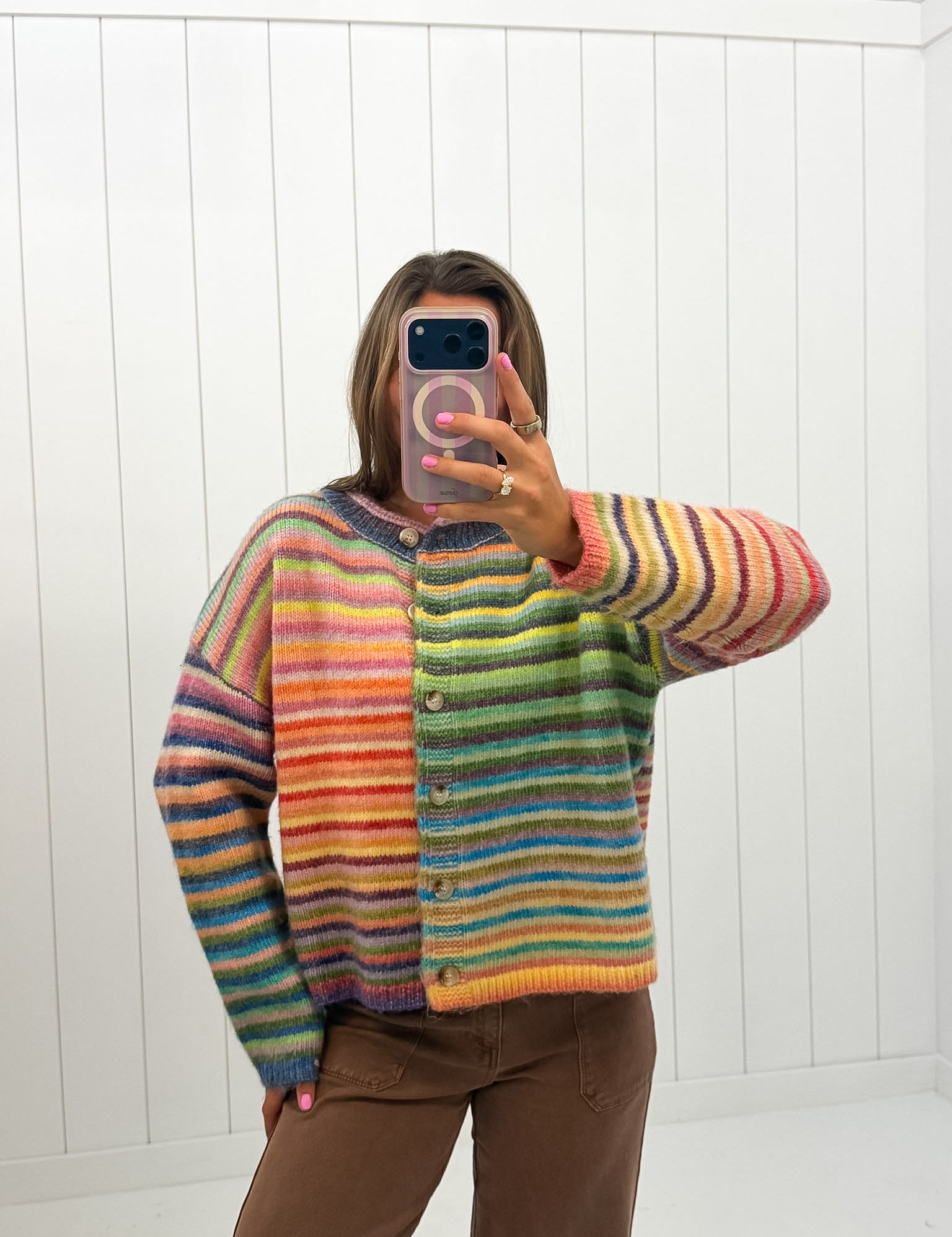 Multi Color Button Up Cardigan — striped and button up