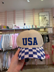 Blue Checkered USA Hat — snap back closure and one size fits most