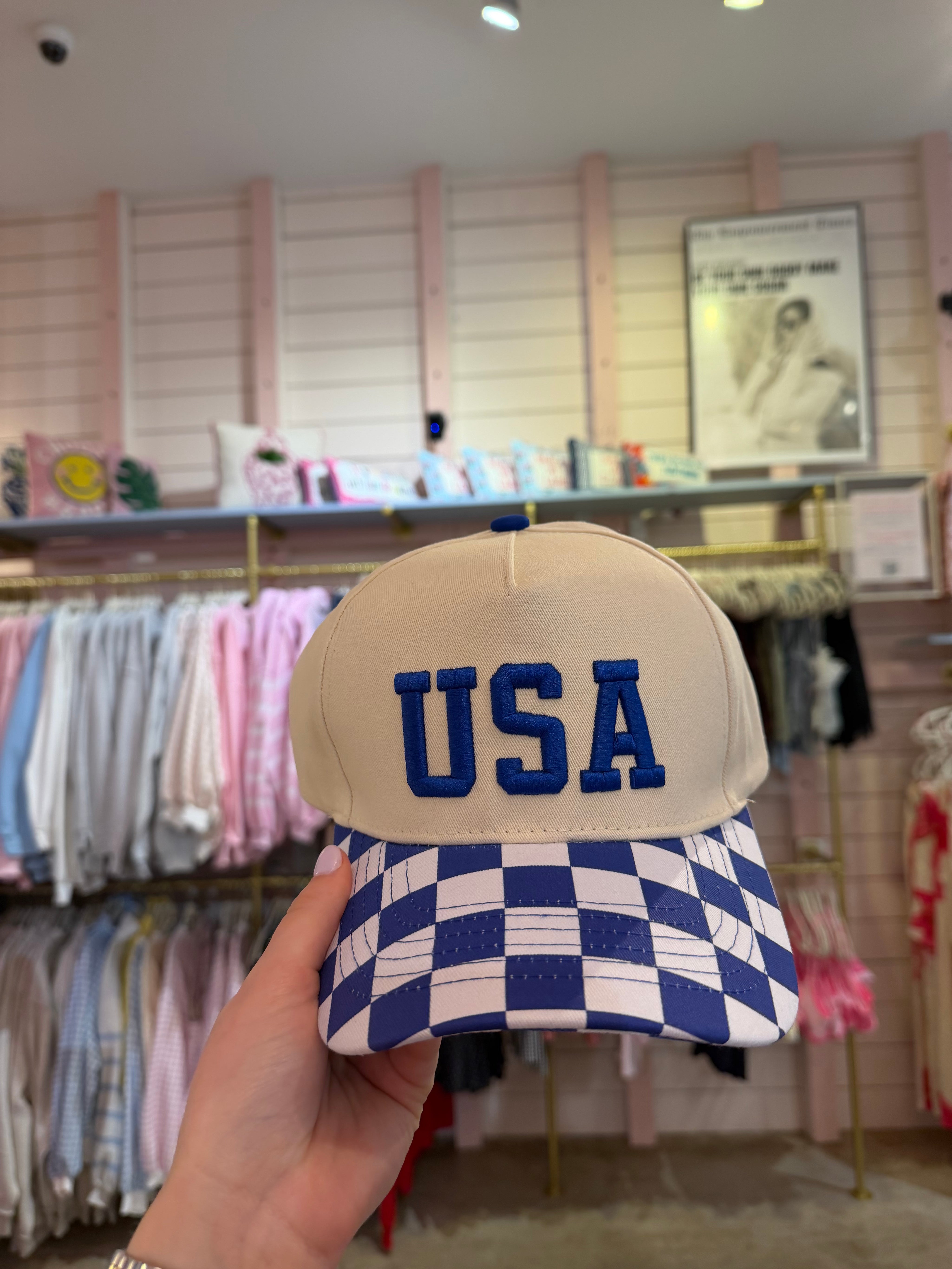 Blue Checkered USA Hat