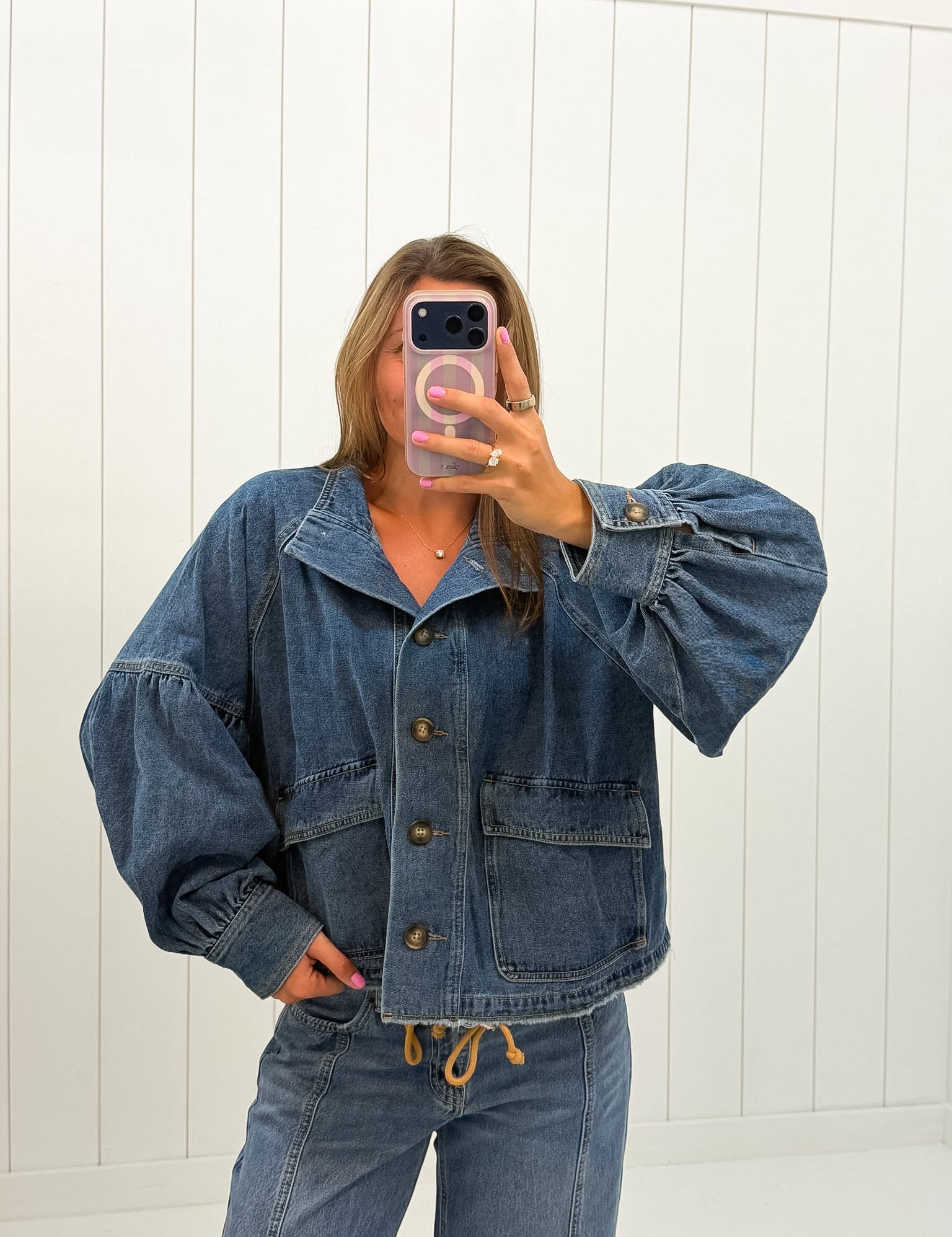 Blue Button Denim Jacket — buttons up and pockets