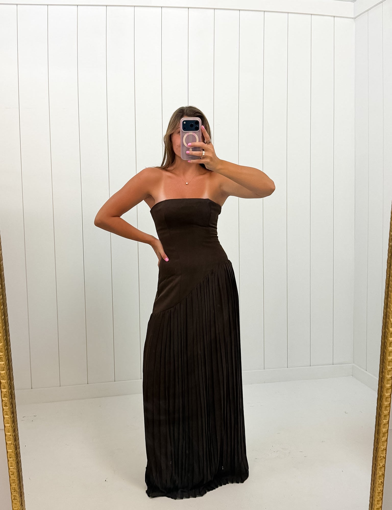Brown Asymmetrical Pleat Maxi Dress showing pleated skirt