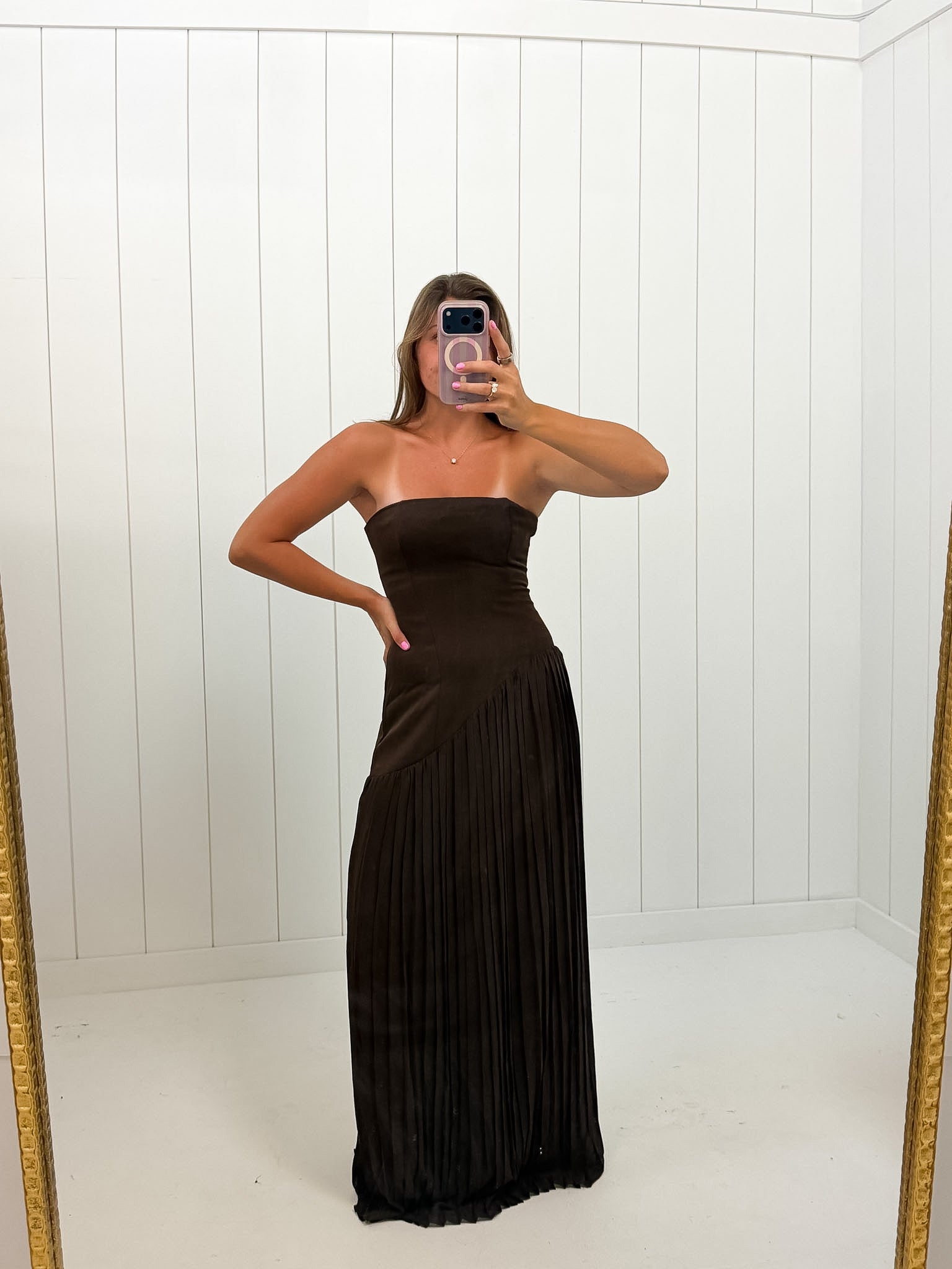 Brown Asymmetrical Pleat Maxi Dress showing pleated skirt